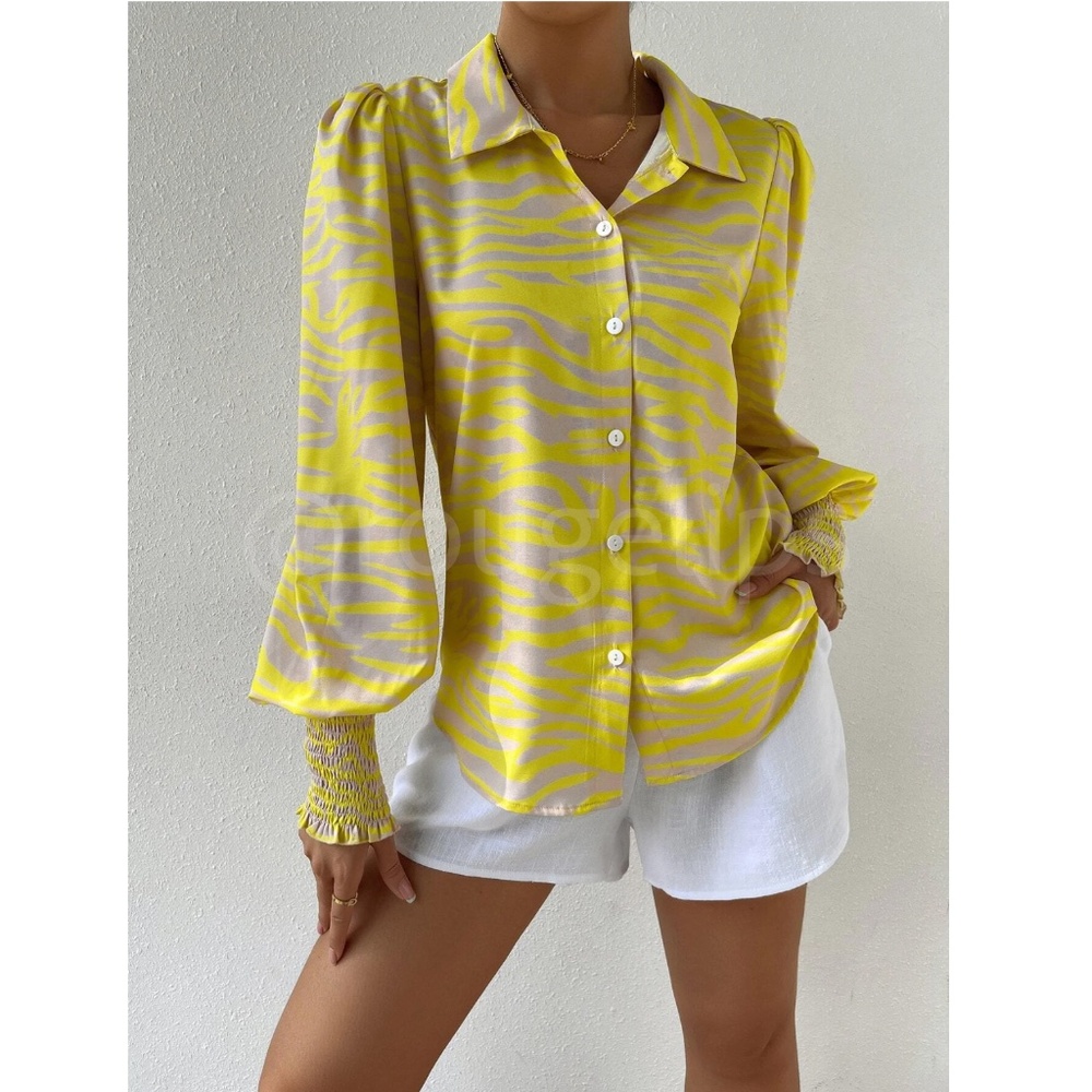 Zebra Stripes Print Yellow Beige Button Up Front Shirt Long Bishop Sleeves - Picture 5 of 8